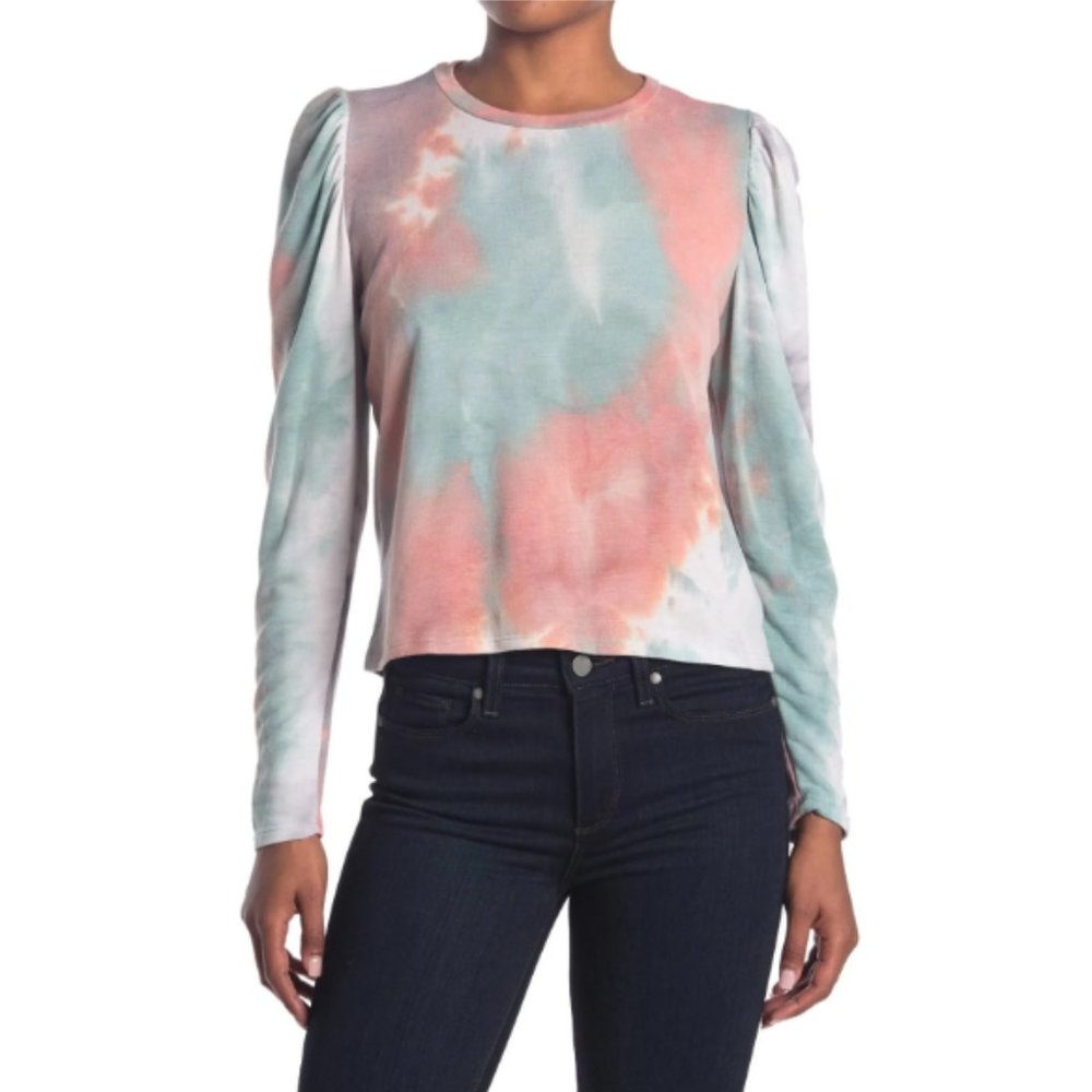 NWT Know One Cares Women's Tie‎ Dye Puff Sleeve Top Crewneck Jade Coral Size L